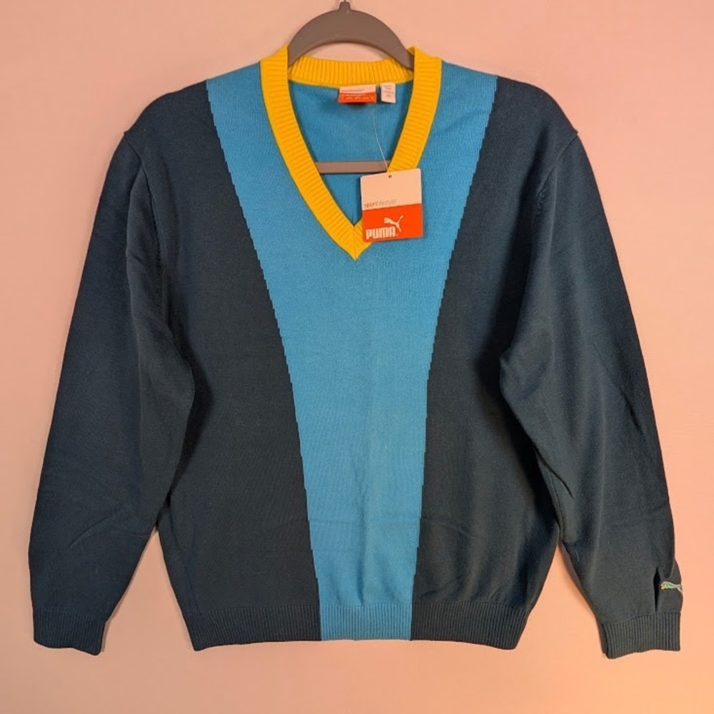 Retro Puma Golf Sweater Mens SMALL Blue Yellow Colorblock V-Neck Bright Loud NWT